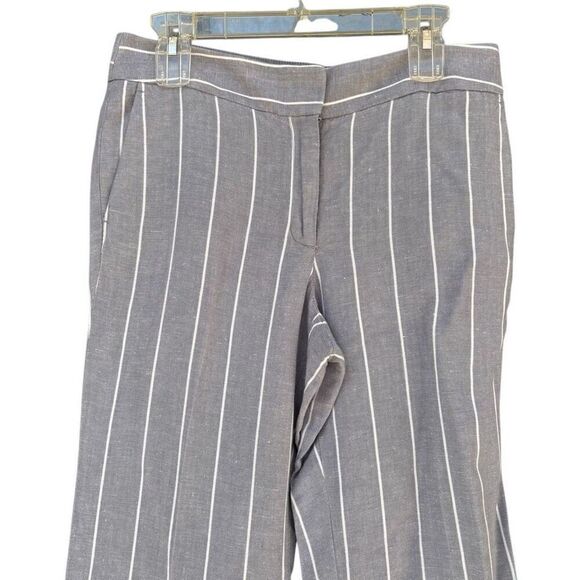 LOFT Gray White Striped Linen Career Pants Pocket Zip Button Women’s Medium P - Picture 2 of 7